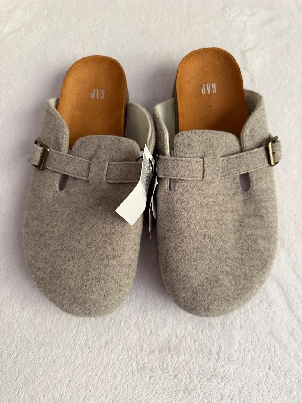 GAP Felt Buckle Clog Mules in Heather Gray with Tan Insole